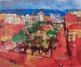 Park in a Mediterranean town by Rita Smith, oil on board, sold Jan 2025