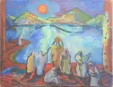Figures on a North African lake shore at by Rita Smith, oil on canvas, sold Jan 2025