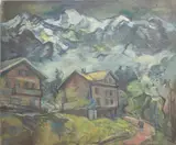 Figure in an Alpine village by Rita Smith, oil on canvas, sold Jan 2025