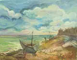 Fishing boats and green sea by Rita Smith, oil on canvas, sold Jan 2025