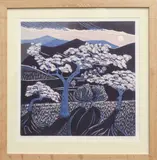 Mountain village by Annie Soudain, linocut, sold Jan 2025