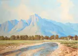 A mountainous river landscape by Hugh Stevenson, oil on board, sold Dec 2024