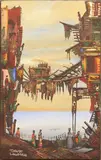 Figures on a city street at dusk impasto by Trevor Lawrence, 1990, oil on canvas, sold Nov 2024