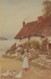 Figure outside a coastal thatched cottage by John H. Tyson, watercolour, sold Nov 2024