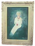 Full-length portrait of a lady wearing a white gown and red jewels by Cyril Joshua Ross, oil on board, offered Oct 2024