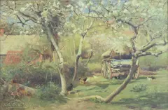 Chickens and a farm cart in an orchard in by Frederick Whitehead, oil on canvas, offered Oct 2024
