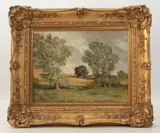 Cornfields from a meadow by Aubrey Aston Blake, oil on panel, sold Oct 2024