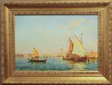 Fishing boats and gondolas on the Giudecca by Valery Sekret, oil on board, sold Oct 2024