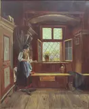 Interior scene with young German girl looking out of a window by Franz Burger, 1920, oil on canvas, offered Oct 2024