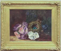 Still life with a bird's nest by Vincent Clare, oil on board, sold Oct 2024