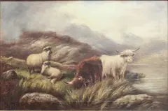Highland cattle and sheep in a misty highland landscape by John Morris, oil on canvas, sold Oct 2024