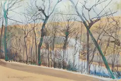 View of a river from a tree lined road by Hellmuth Weissenborn, 1967, watercolour, offered Oct 2024