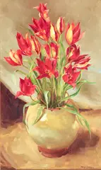 Nerines in a yellow vase by Anne Cotterill, oil on board, sold Aug 2024
