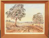 Sheep driving in the Australian outback by Ian Purvis, oil on canvas, sold Aug 2024