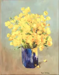 California Poppies in a blue vase by Anne Cotterill, oil on board, sold Aug 2024