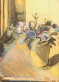 Still life of a potted plant on a sunny window ledge by Carolyn White, oil, sold Aug 2024