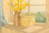 Still life of daffodils in a jug and an Art Deco teapot by Amanda Henriques, mixed media, offered Aug 2024