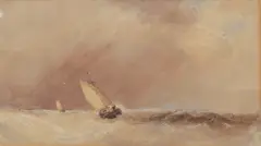 Fishing boats in choppy seas by Edward Tucker, watercolour, sold Aug 2024
