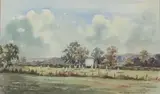 Kingham Cricket field' watercolour by Susan Woolley, 1990, watercolour, sold Aug 2024