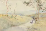 Figure on a country path, probably Japan watercolour by Alfred East, watercolour, sold Aug 2024