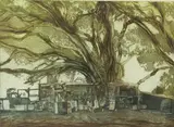 Theo's Shed' colour etching by Brenda Hartill, 1989, etching, sold Aug 2024