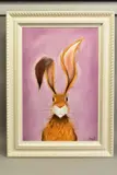 'HATTY HARE', a whimsical portrait of a hare, signed bottom by Jennifer Hogwood, oil on canvas, sold Mar 2021