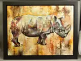 'RHINOCEROS, PARIS', an abstract rhino superimposed by John and Elli Milan, oil on canvas, sold Mar 2021
