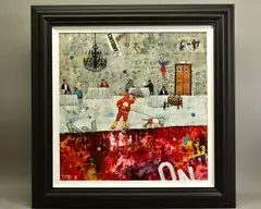 'AMBIANCE', spiderman and a superhero with dog, both wearing roller by Richard Burel, mixed media on canvas, sold Feb 2021