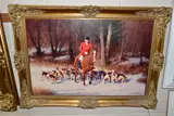 Huntsmen and Hounds riding through a snowy woodland, signed and by Ronald 'ron' Moseley, 2010, oil on canvas, sold Feb 2021