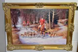 Huntsmen and Hounds riding through a snowy woodland, signed by Ronald 'ron' Moseley, oil on canvas, sold Feb 2021