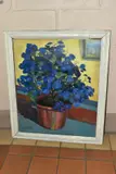 a still life study of a blue flowering plant in a pot, signed bottom by Charles Holmes 'cineraria', oil on board, sold Feb 2021