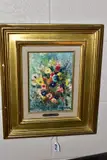 cottage garden style flowers in a flower bed, signed bottom by Odette Midorge, oil on canvas, sold Feb 2021