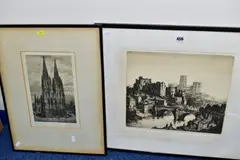 Durham Cathedral and Castle across Milburngate Bridge by Kenneth Steel, etching, sold Jan 2021
