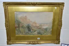'Chinon on the Loire', a gardner, lady and boy conversing on an by Charles Gregory, watercolour, sold Jan 2021