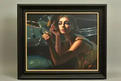 'Glamour VI' depicting a female applying make-up in a vintage car by Fabian Perez, oil on canvas, sold Dec 2020