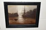 Sailing Ships in a Harbour at Night, signed bottom right, oil on by Barry Hilton, oil on canvas, sold Dec 2020