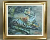 'Leopard reclining at Dusk', a limited edition print on delux by Rolf Harris, print, sold Dec 2020