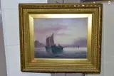 Fishing boats on a calm sea by Sarah Louisa Kilpack, oil on board, sold Dec 2020