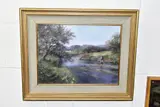 an angler is fishing on a stream running through a landscape, by Clive Madgwick, oil on canvas, sold Dec 2020