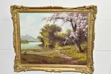 continental landscape, cherry blossom tree to the by Bela Gabris, oil on canvas, sold Dec 2020