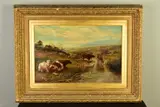 Rural landscape with cattle and sheep resting and watering by C. A. Swan, oil on canvas, sold Nov 2020
