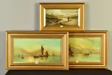 Fishing boats at sea at dusk by E. Stanley, oil on canvas, sold Nov 2020