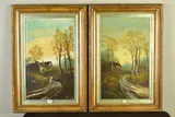 Autumnal rural landscapes, female figures on a by J. James, oil on canvas, sold Nov 2020