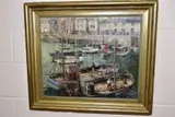 'Brixham Harbour' fishing boats and dinghys at their by William Scudder, oil on canvas, sold Nov 2020