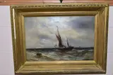 a sailing vessel in choppy seas, white cliffs to the distance, by Gustave de Breanski, oil on canvas, sold Nov 2020