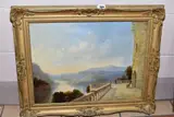 a view from a castle terrace overlooking a river running through a by H. Smyth, 1847, oil on board, sold Nov 2020
