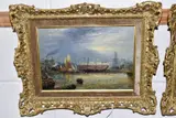 'MILWALL DOCKS, THAMES - LOW WATER', ships and working boats by Claude Thomas Stanfield Moore, 1878, oil on canvas, offered Nov 2020