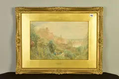 'Chinon on the Loire', a gardner, lady and boy conversing on an by Charles Gregory, watercolour, sold Nov 2020