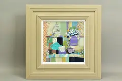 'Two Birds, Two Bees', a still life study of an interior, signed by Emma S Davis, mixed media on board, sold Nov 2020