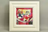'Tabletop Textiles' a colourful still life study, signed bottom left, by Emma S Davis, mixed media on board, sold Nov 2020